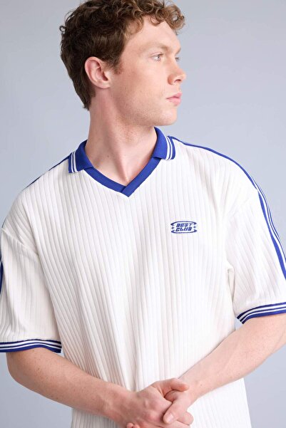 DeFacto Boxy Fit Polo Collar Slogan Printed Short Sleeve Polo T-Shirt H7491Ax...