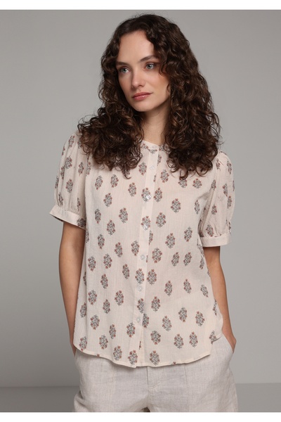 Colin's Fashion Fit Round Neck Metered Printed Women's Beige Short Sleeve Shirt