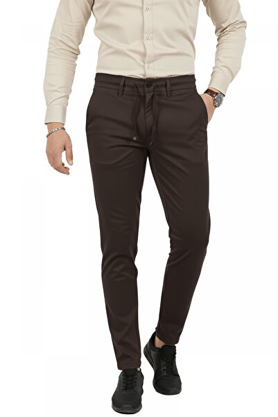 DeepSEA Men's Dark Brown Lycra Slim Fit Stylish Fabric Trousers with Elastic ...