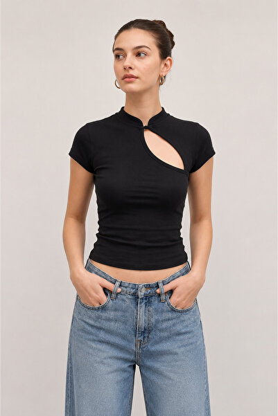 None Wear Siyah Mandarin Yaka Düz Qipao Y2K Kısa Kollu Crop