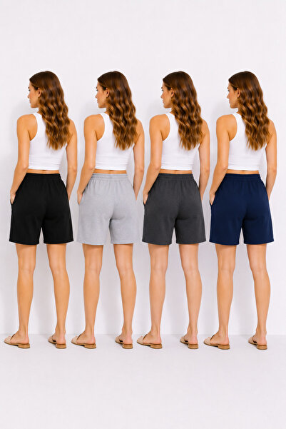 NAKRUF Kadın Siyah-Gri-Füme-Lacivert 4'lü Set Şort Yazlık Rahat Regular Fit