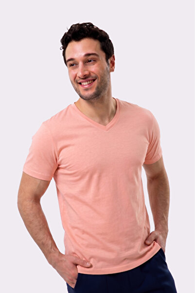 UNIQVIBE Organic Cotton Salmon Color Men's Short Sleeve V-Neck T-Shirt