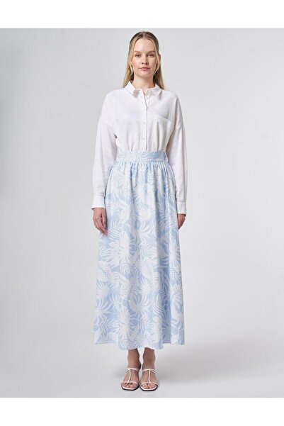 Kayra High Waist Patterned A-Line Cut Light Blue Long Women's Skirt