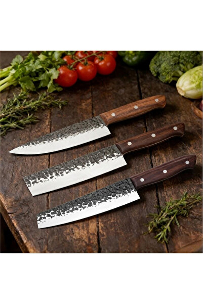 OSOOKE 3-Piece Kitchen Knife Set for Food Prep, Sharp Non-Stick Hammered Blad...