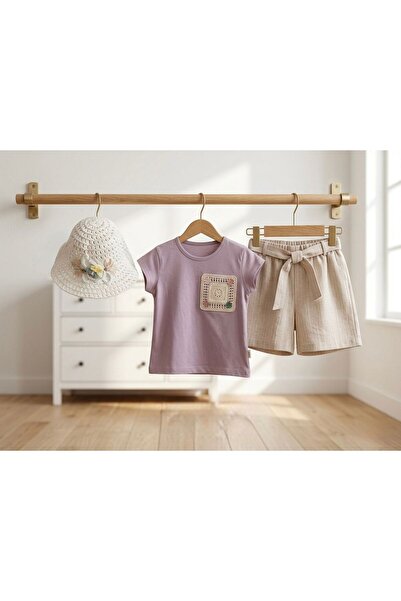 Miniminnakkidswear Set de pantaloni scurți din paie pentru fete, 3 piese, 2-5...