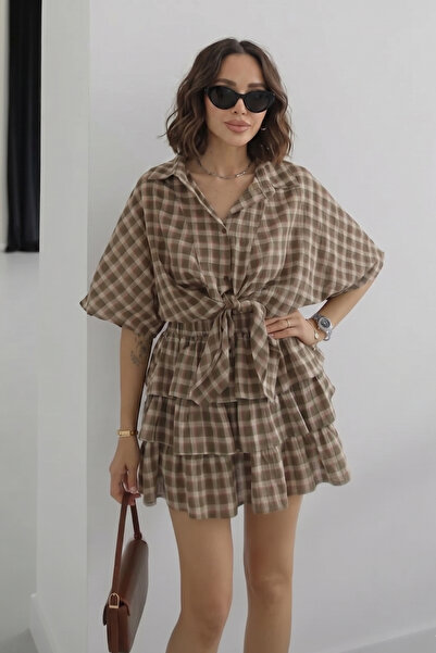 SHILSEE BEUTİQUE SET CĂMAȘĂ ȘI FUSTĂ CU MODEL PÖTİKARE, CU LEGĂTURI, KHAKI