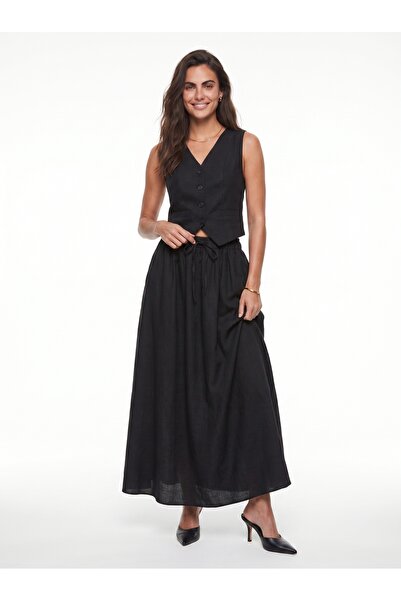 ONLOOX Black Reyon Blended Fabric V-Neck Flared Cut Pocket Detailed Vest and ...