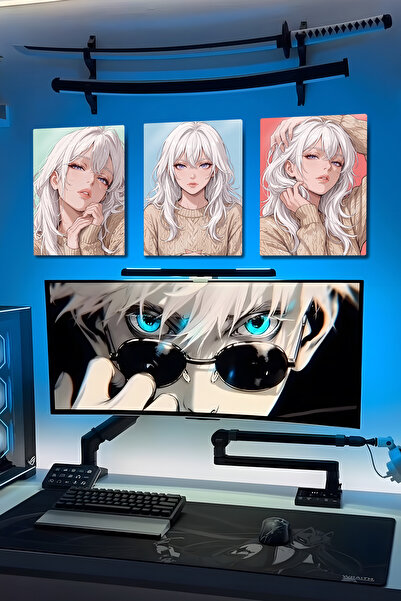 DekorHane Imprimeu metalic - Set de 3 tablouri cu fete anime, tematică Otaku ...