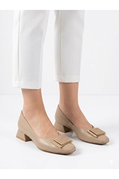 Lütfi Women's Cream Thick Heel Comfortable Fit Heeled Ballerina Shoes