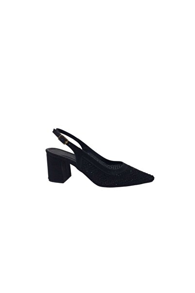 Zerhan İzlife 8515 Women's Black Tulle Stoned Closed Toe Open Back Low Heel E...