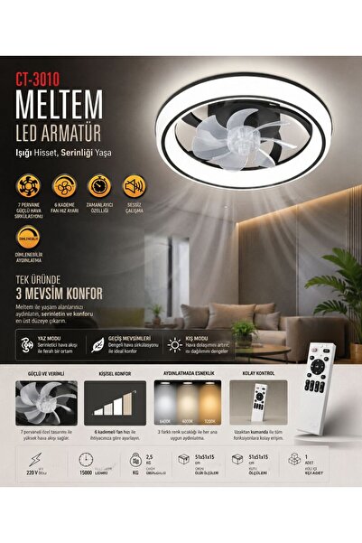 Cata CT-3010 Meltem Kumandalı LED Tavan Vantilatörü 3 Renk Sessiz Çalışma Zam...