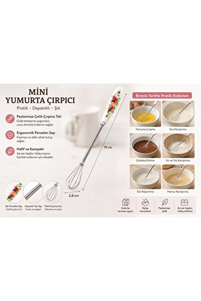 Porselen Saplı Metal Mini yumurta Çırpıcı 19 Cm