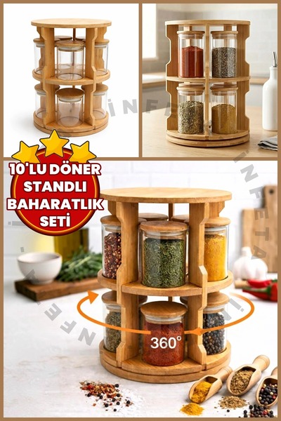 İnfeta 10’lu 2 Katlı Bambu Dönerli Cam Baharatlık Seti- Döner Standlı Bambu K...
