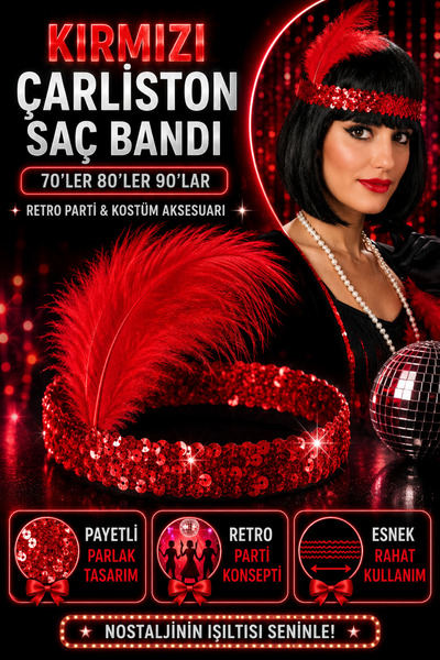 Tamsena Store Kırmızı Payetli Tüylü Çarliston Saç Bandı Retro Parti ve Kostüm...