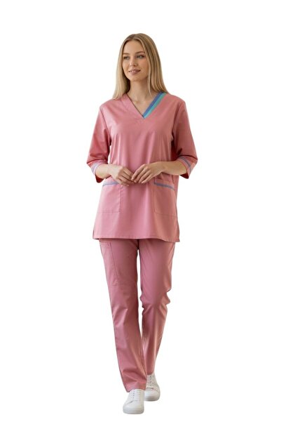Peach طقم زي طبي احترافي للنساء، بلون أزرق فاتح وياقة على شكل V مع حواف متباي...
