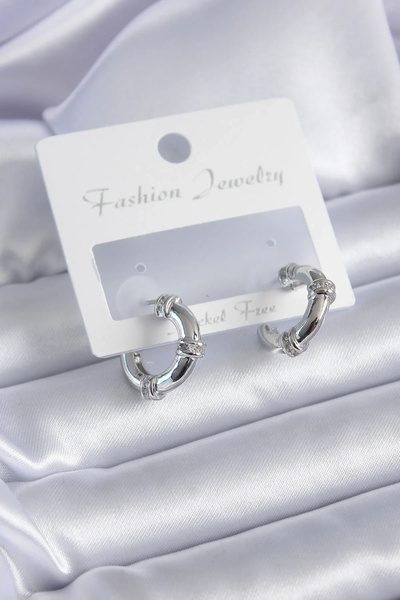 USLUCAN ALIŞVERİŞ Silver Color Zircon Stone Hoop Model Brass Women's Earrings