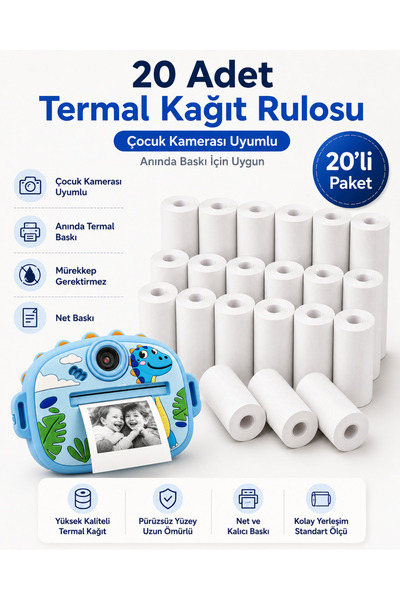 Yellowtech Çocuk Kamerası Uyumlu Termal Kağıt Rulosu 20 Adet Mini Yazıcı Yede...