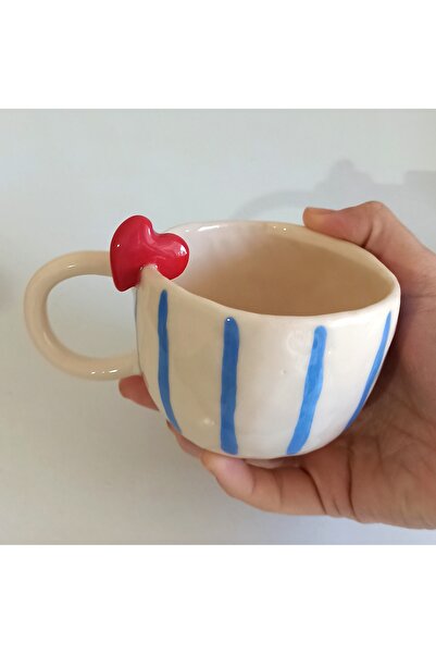BieneGift Handmade Ceramic Mug with Heart Detail – Striped Ceramic Mug, Ceram...