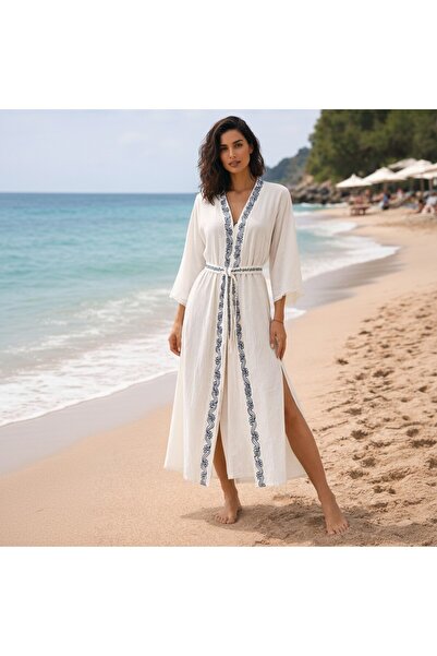 bshome Women's Karatezgah Woven Cotton Linen Beach Kaftan, Embroidered Bohemi...