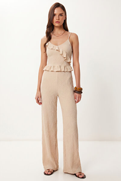 Lovelyİstanbul Flounced Blouse Trousers Crinkle Set Lfw0025 Cream