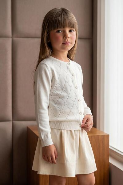 Trend Baby Kids Girl's Diamond Patterned White Knitwear Cardigan 5-9 Years