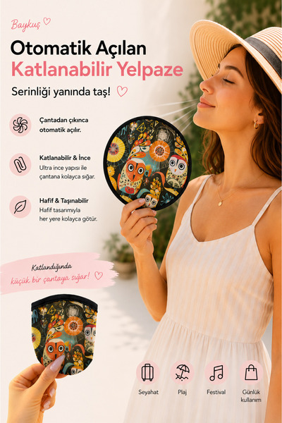 Handalin Baykuş Desenli Otomatik Açılan Katlanabilir Yuvarlak Yelpaze – Çanta...