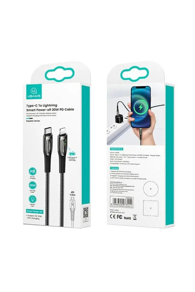 Usams Cablu împletit USB-C la Lightning Smart Power-off 20W PD, 1.2m, negru, ...