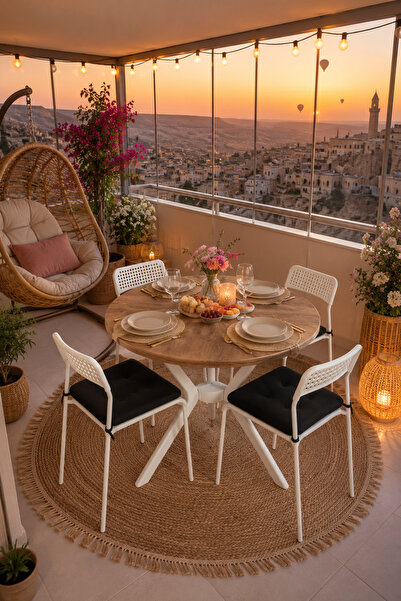 Flinder Çam 4 Kişilik Minderli Balkon Takımı, Balkon Masası, Balkon Sandalyes...