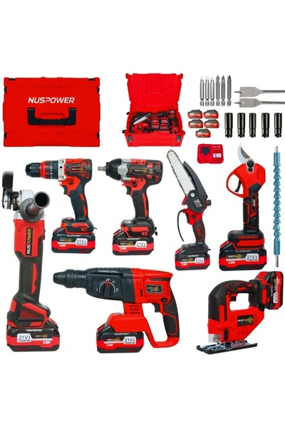 nuspower 7’li Dev Profesyonel Set 21V 3.0Ah – Hilti, Taşlama, Somun Sıkma, Vi...