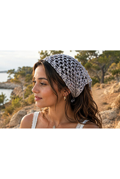 lunera Taş Rengi Pullu El Örgüsü Bandana – %100 Pamuk Işıltılı Saç Bandı – 49...