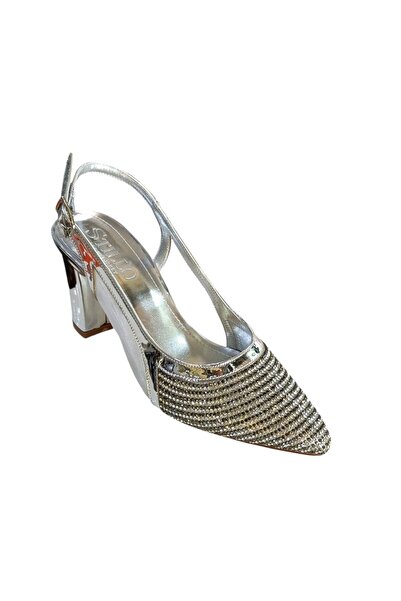 Stillo 750 Women's Stoned Mesh Open Back Thick 7 cm Heeled Evening Dress Shoes