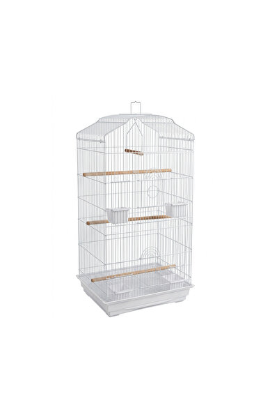 Dayang White Wire Bird Cage House Style with Wooden Perches Feeders 44x34x93 cm