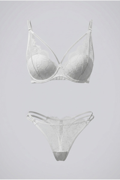 Wakabayashi Ecru Crystal Embellished and Lace Bra Panty Set