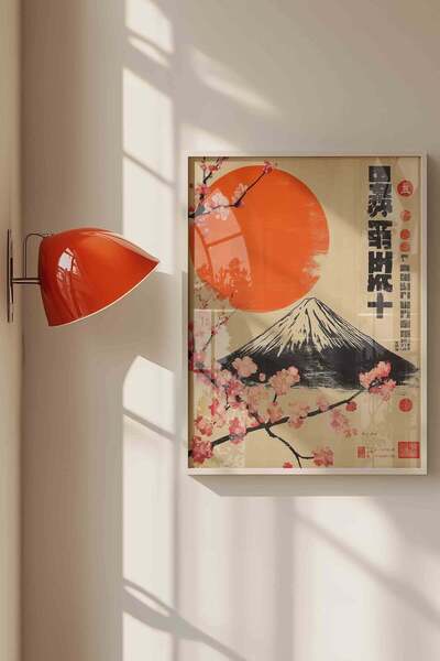 Buka Shops Japandi Style Mount Fuji and Sakura Flowers - White Framed Art Print