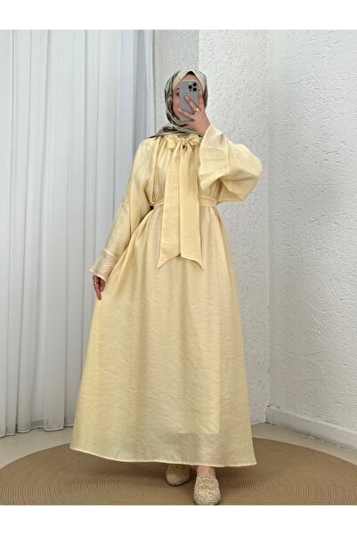 MİHRA STORE Bengül Scarf Wide Sleeve Dress-He8482 Yellow
