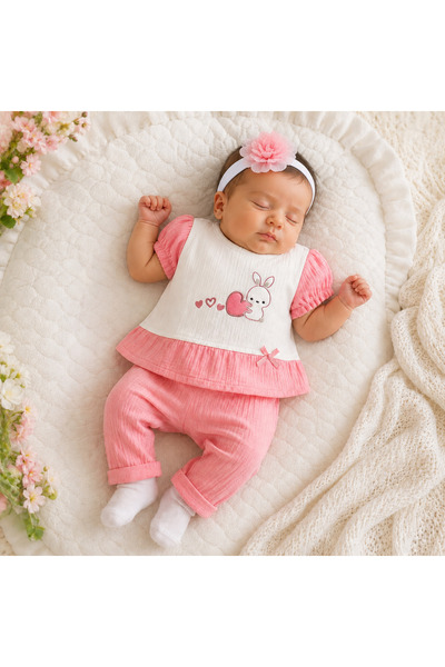 Bebelul Set 3 Piese Fetite Babyim, Bumbac, Roz cu Alb, 0-3-6-9 Luni