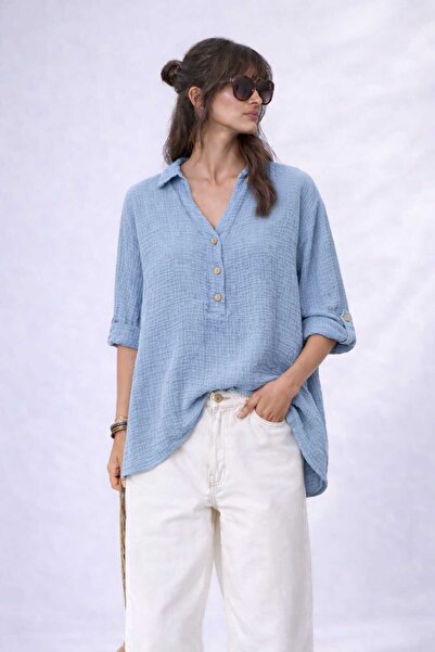 CES.İZ Women's Piece Painting Muslin Shirt with Washed Effect Oversize Loose ...