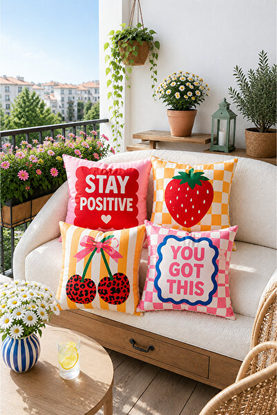 AYSHOME Ays Home Kiraz Desenli Pembe Sarı Ev Balkon Bahçe 4'Lü Kırlent Kılıfı...