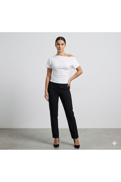 doruk collection Women's Open Collar Stretchy Fabric Fitted Waist Blouse White