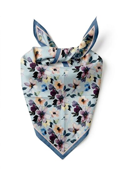 Alse Butik Açık Mavi Suluboya Çiçek Desenli Hafif Dokulu Fular (50x50 cm)