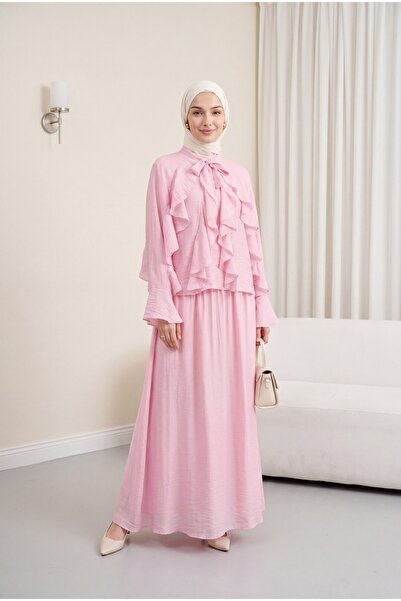 Modamorfo Lined Tulle Modal Set with Tie Collar and Ruffle Detail - Pink