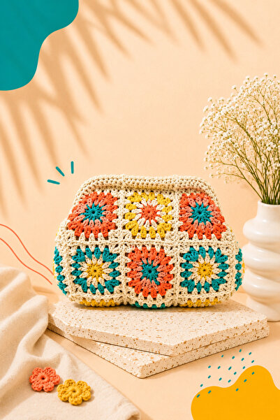 Flower Pop Crush Renkli Çiçekli Örgü Yazlık Kadın El Çantası