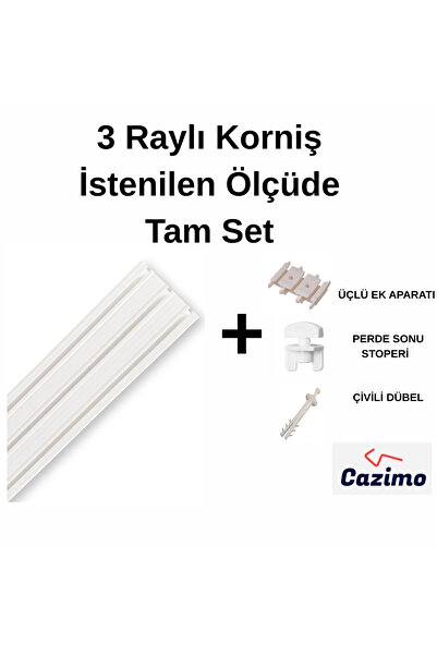 CAZIMO Üçlü Korniş Rayı PVC Perde Rayı Ölçü Seçenekli Tavan Tipi Beyaz Korniş...