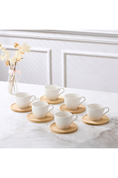 Malooki Set 6 cești cafea porțelan Groove cu farfurioare bambus, 200ml, alb