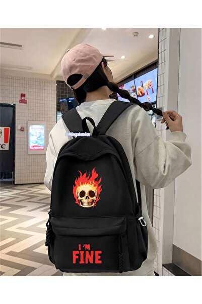 Minga London Black I'M Fine Printed School Backpack - Mingalondon