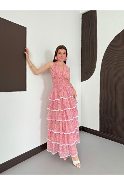 Ekim Store Rochie florală stratificată cu guler halter