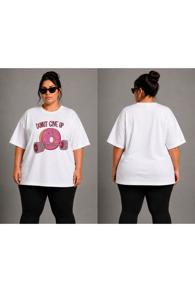 VODEXA Women's Oversize T-Shirt with Donut Print, 100% Cotton, Large Size, Co...
