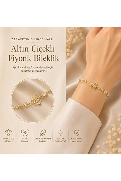 BURCU JEWELRY Altın Çiçek & Fiyonk Detaylı Bileklik