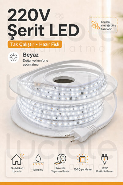 luciole 10 Metre 220V Beyaz Şerit LED Hazır Fişli Tak Çalıştır Silikonlu Yapı...