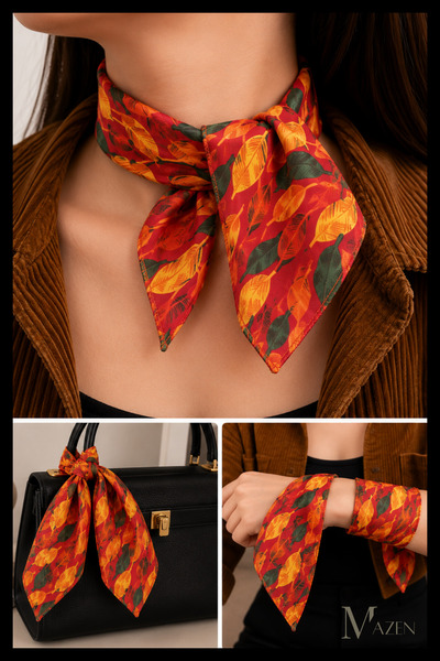 MAZEN Orange Leaf Patterned 45X45 Summer Chiffon Scarf |   Women's Neck Hair ...